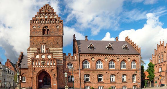 Photo of Roskilde square and Old Town Hall, Denmark.