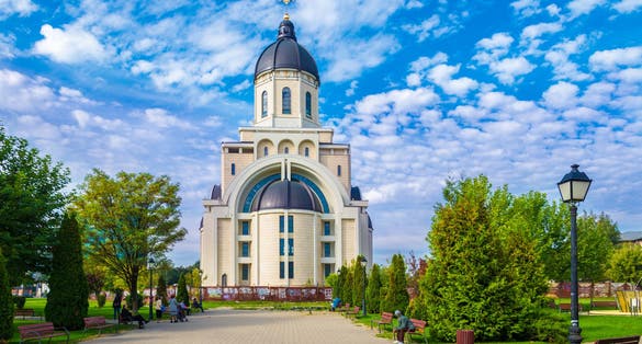 photo of view of Christian orthodox church cathedral in Bacau, Moldavia landmark, Romania.