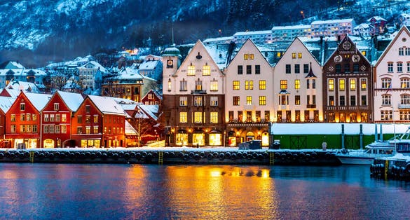 night view on Bruges. Bergen. Norway