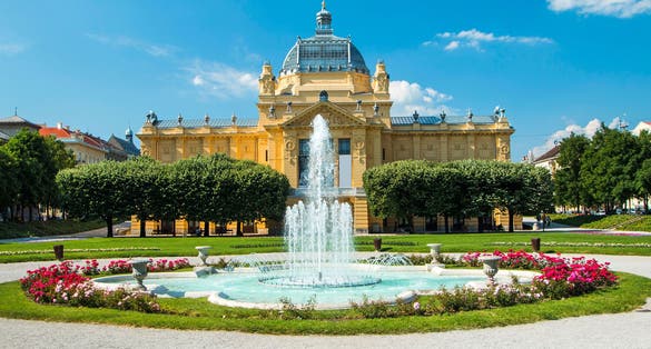 Photo of Art pavilion and fountain in Zagreb capital of Croatia.