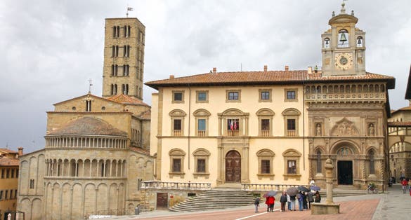 PHOTO OF Piazza Grande Santa Maria della Pieve church in Arezzo Tuscany Italy .