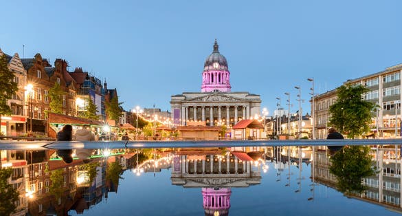 Nottingham Council House and a fountain front shot at Twilight