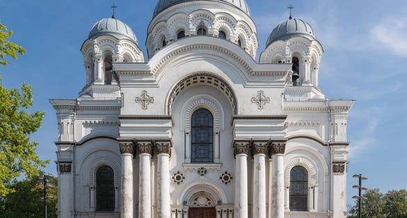 The exterior of St. Michael the Archangel Church in Kaunas, Lithuania