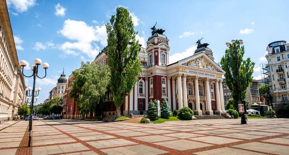 Photo of national theater building in Sofia, the capital of Bulgaria.