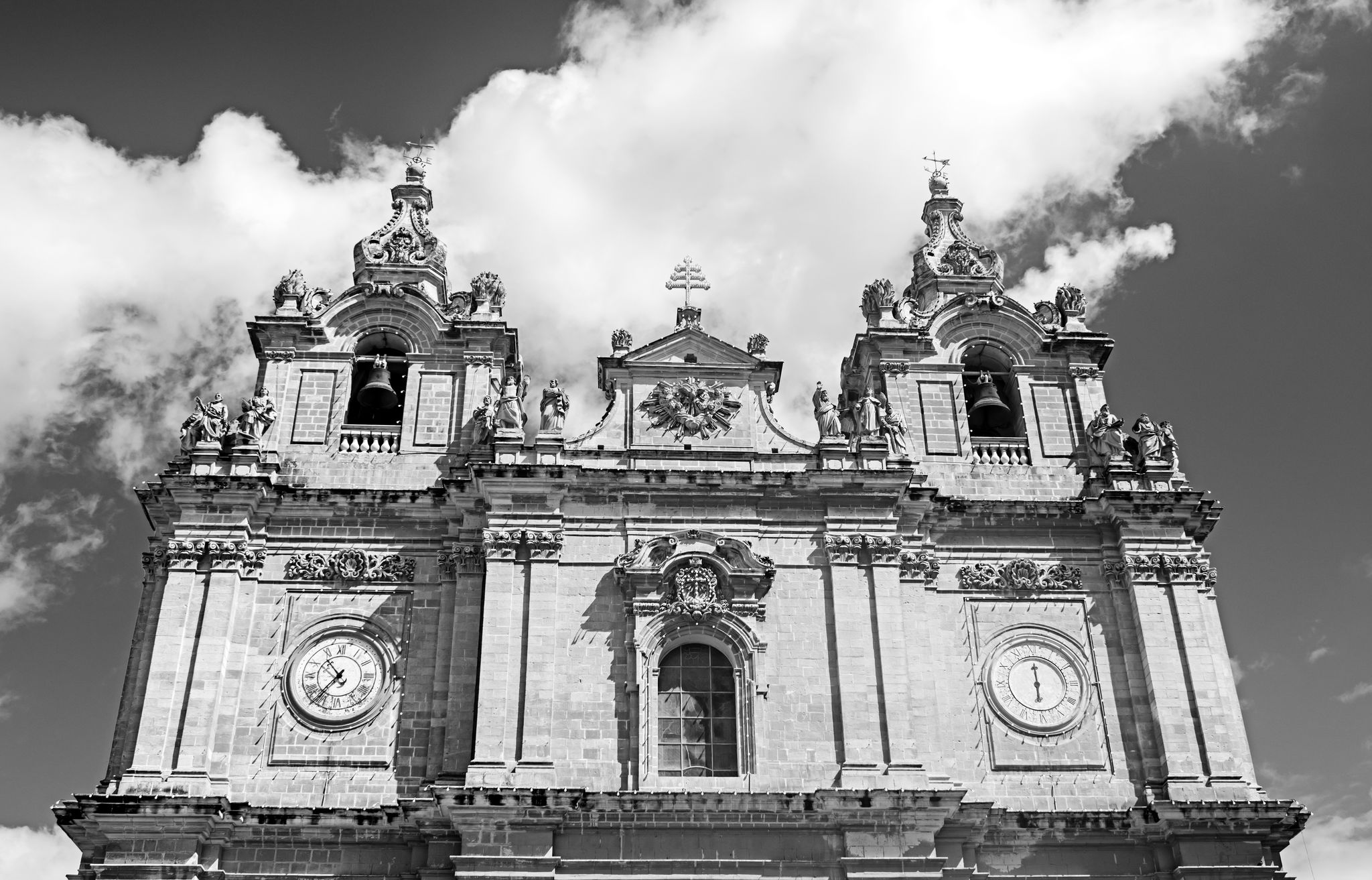 The Church of Saint Helena located in Birkirkara, Malta in monochrome.