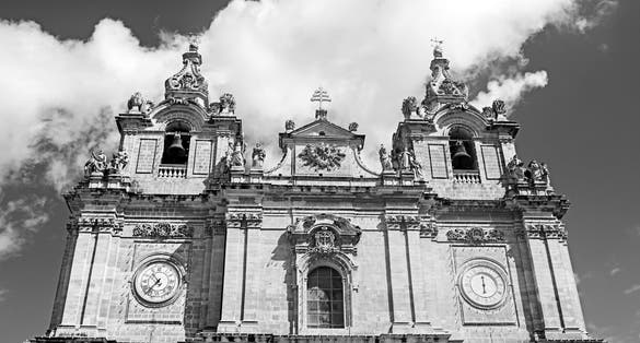 The Church of Saint Helena located in Birkirkara, Malta in monochrome.