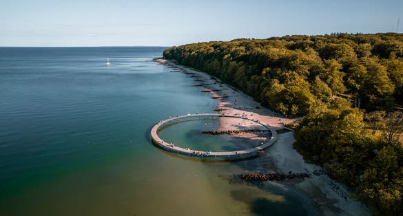 Photo of aerial view of the Famous Infinite Bridge in Aarhus, Denmark.