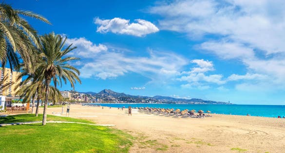 Photo of panoramic view of Malagueta beach in Malaga. Costa del Sol, Andalusia, Spain.