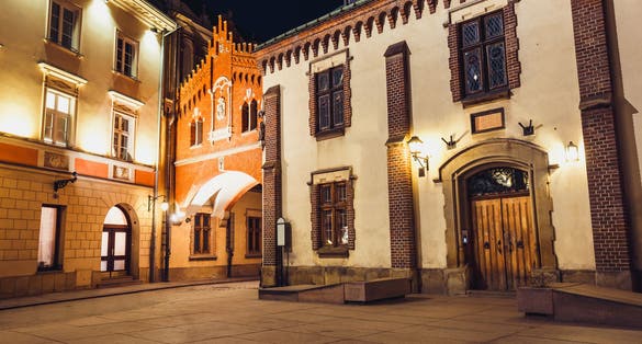 Czartoryski Museum in old town of Krakow at night, Poland