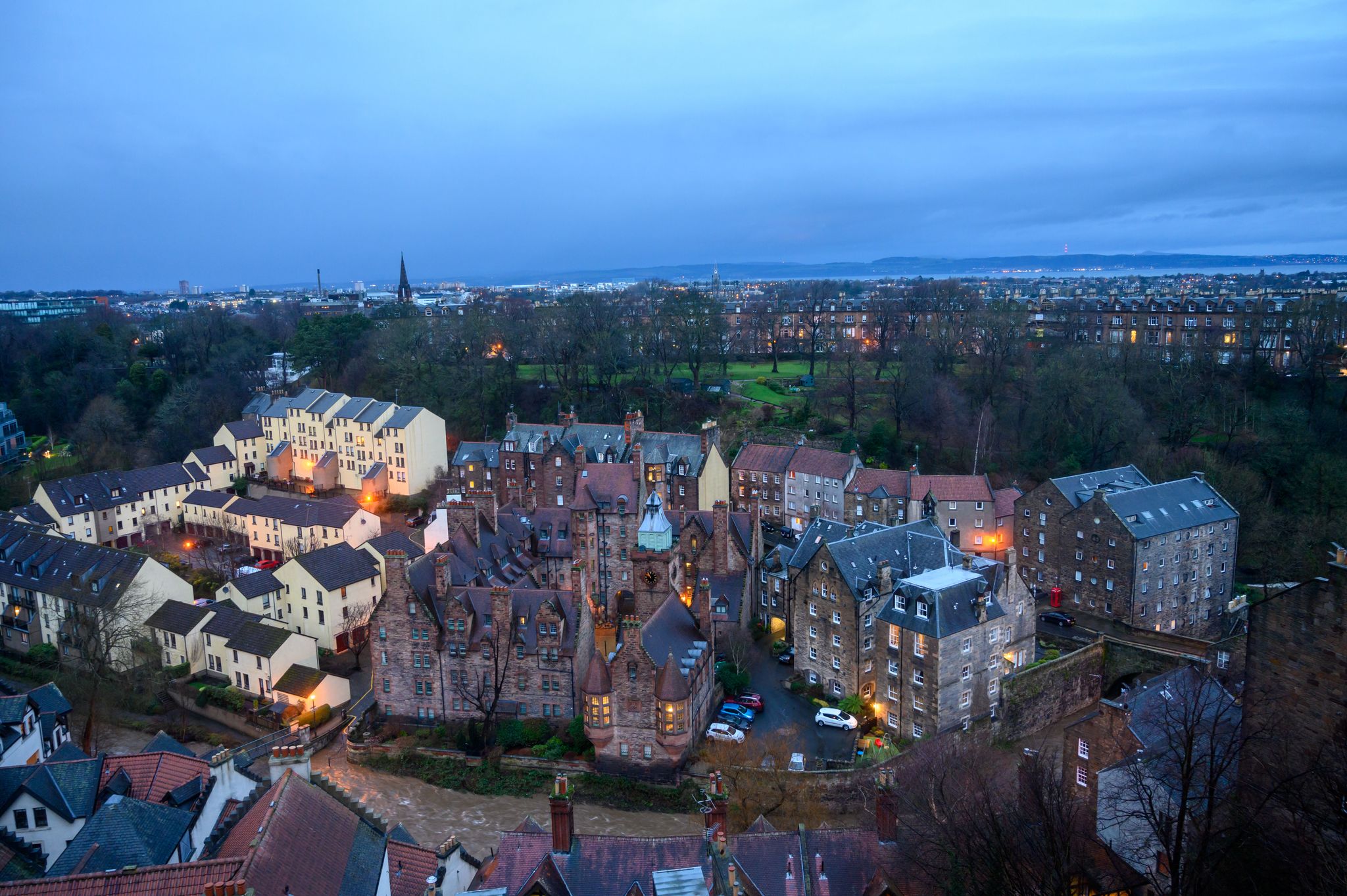 Top panoramic view on Dean village in old part of Edinburgh city in morning hours, capital of Scotland.