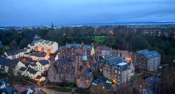 Top panoramic view on Dean village in old part of Edinburgh city in morning hours, capital of Scotland.