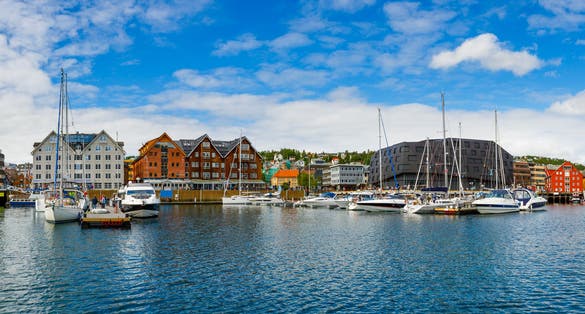 View of a marina in Tromso, North Norway. Tromso is considered the northernmost city in the world with a population above 50,000.