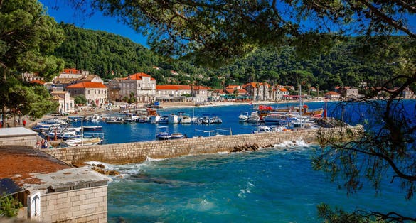 Photo of aerial view of Island of Lopud in Croatia.