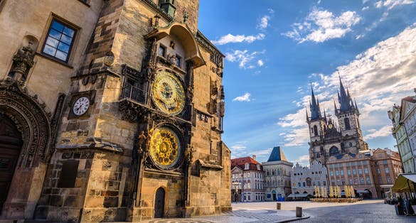 Photo of Prague Old Town Square Czech Republic, sunrise city skyline at Astronomical Clock Tower.