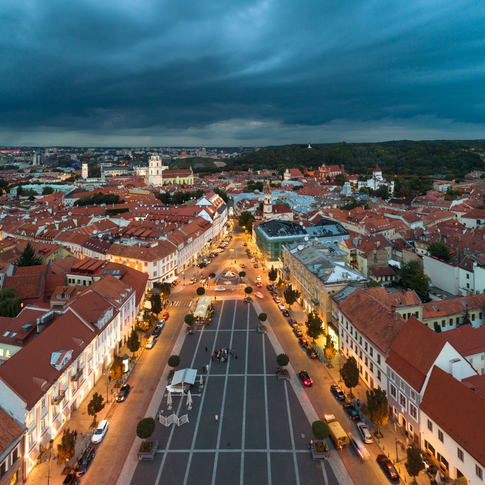 Aerial evening view of town hall square in Vilnius old town, Lithuania