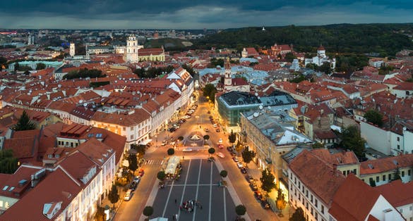 Aerial evening view of town hall square in Vilnius old town, Lithuania