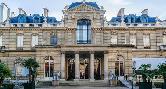 photo of Jacquemart-Andre Museum (owned by Institute de France) housed in an opulent 19th century mansion built by art collectors Edouard Andre and his wife Nelie Jacquemart. In the Museum yard in Paris, France.