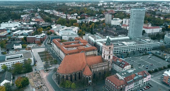 photo of aerial shot of St. Marienkirche church in Frankfurt on the Oder. Germany.