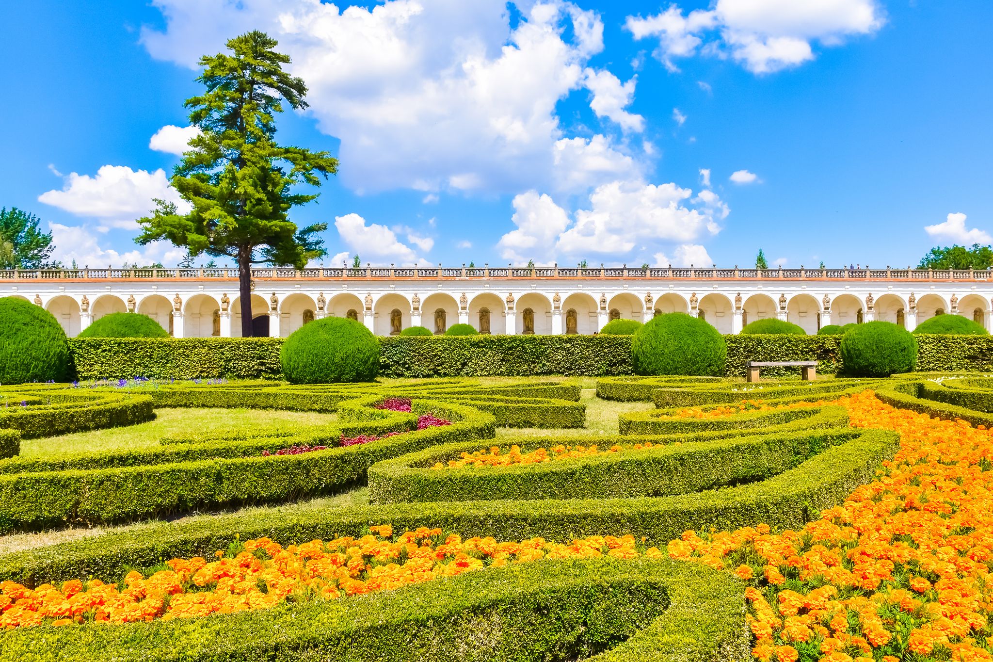 Photo of beautiful flower garden, French style Unesco, Kvetna Zahrada, Kromeriz in Czech Republic.