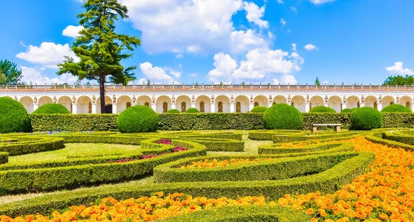 Photo of beautiful flower garden, French style Unesco, Kvetna Zahrada, Kromeriz in Czech Republic.