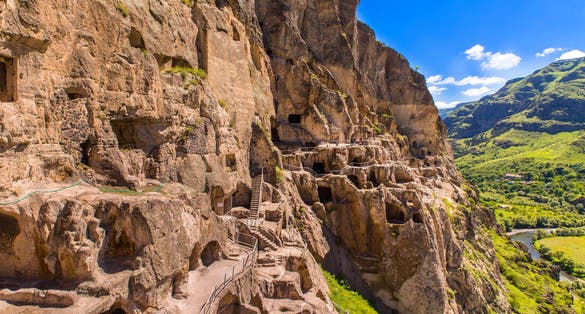 Photo of Vardzia ancient cave city-monastery in the Erusheti Mountain on the left bank of the Kura River, thirty kilometres from Aspindza, Georgia.