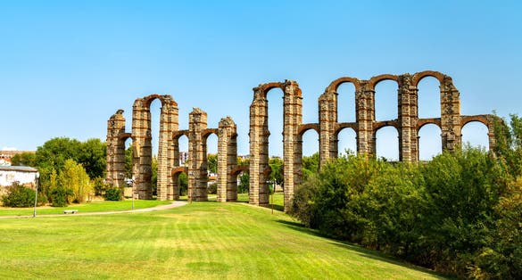 photo of view of Aqueduct of the Miracles in Merida, Spain.