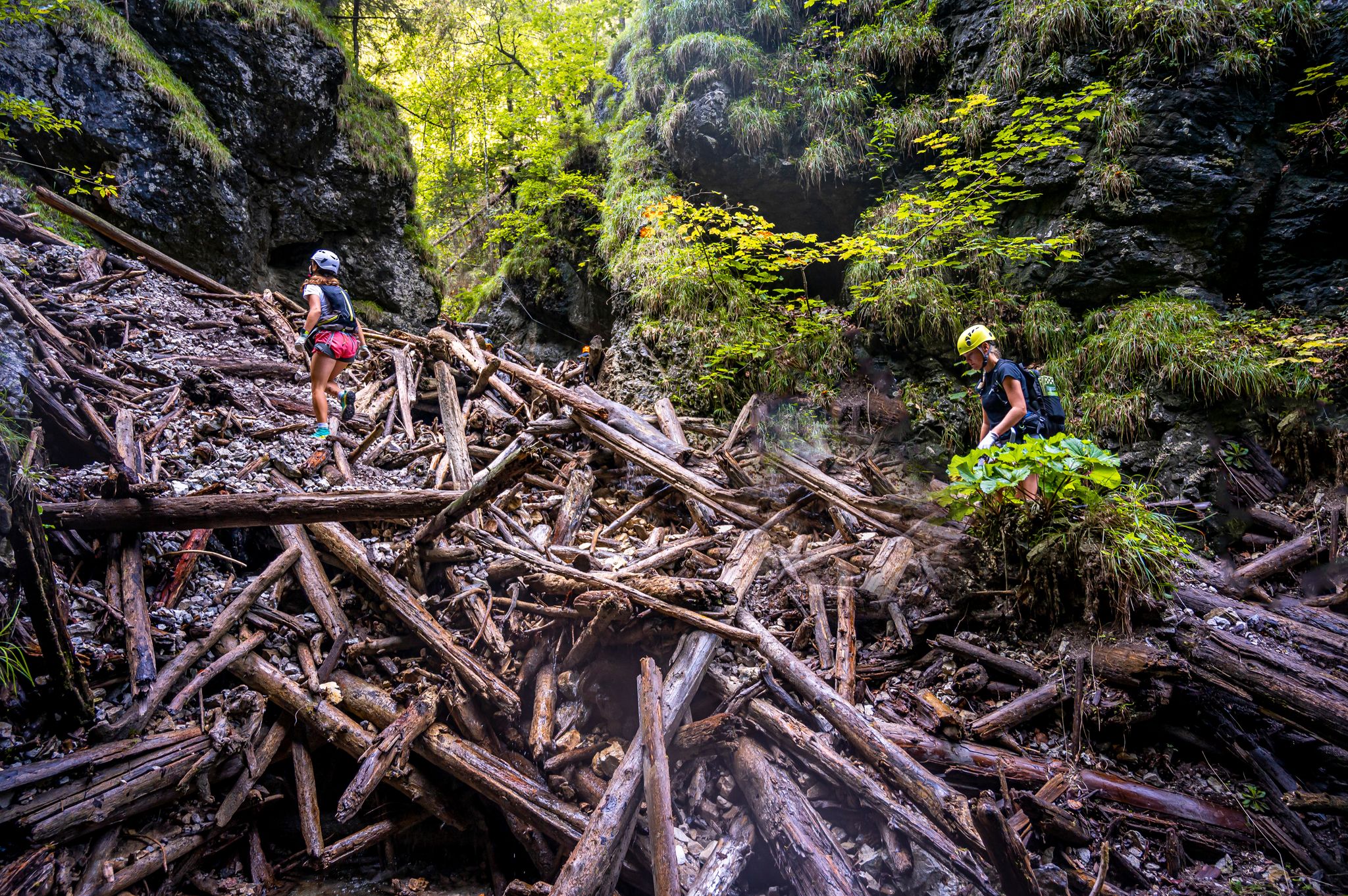 Adventure hiking trail through canyon in Slovak paradise national park, Slovakia. Via ferrata in canyon Kysel. Discovery travel concept.