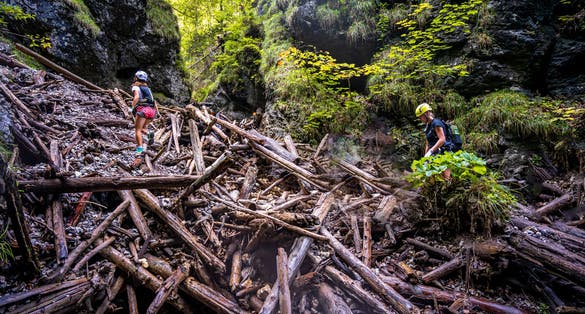 Adventure hiking trail through canyon in Slovak paradise national park, Slovakia. Via ferrata in canyon Kysel. Discovery travel concept.