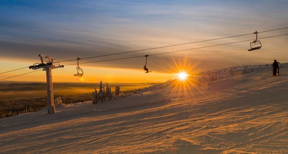 photo of Lindvallen ski resort in Sweden at sunset.