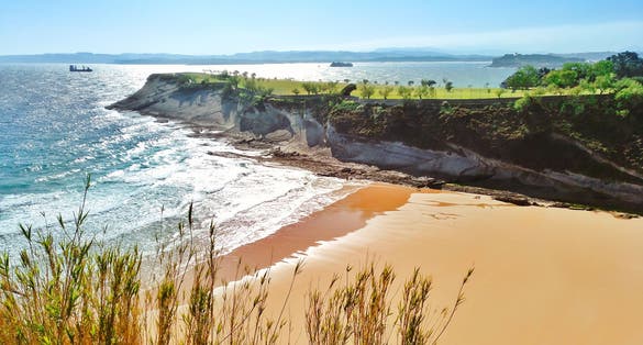 Photo of Aerial view from above of Mataleñas beach (Playa de Mataleñas) in Santander, Cantabria, Spain .