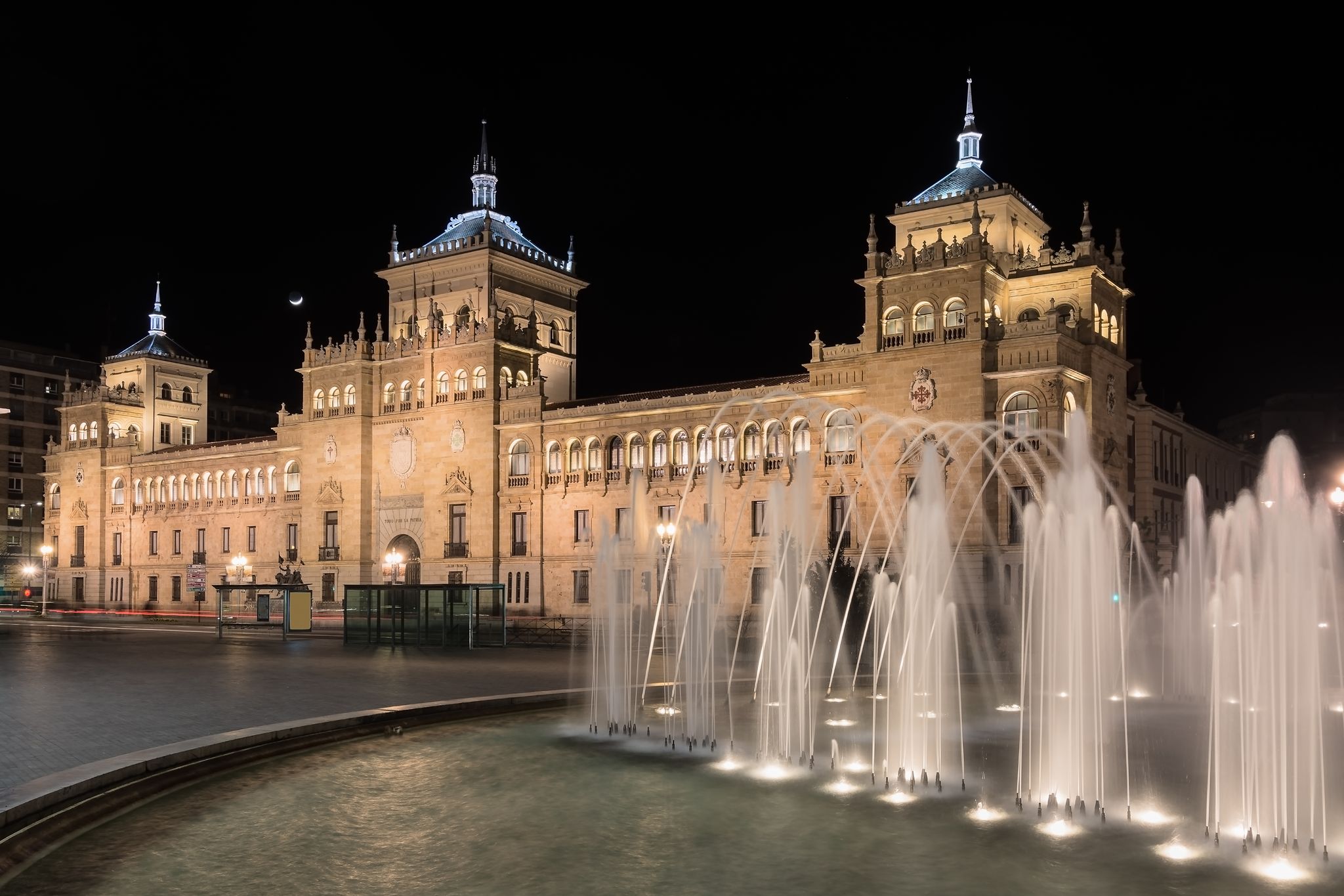 Photo of night view of the building of cavalry in the city of Valladolid, Spain.