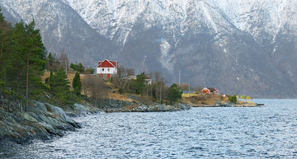 photo of view of Winter landscape image of Sogndal Fjord in Norway, Europe