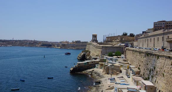 View of Grand Harbour of Valletta. In the center is Siege Bell War Memorial. Valletta. Malta.