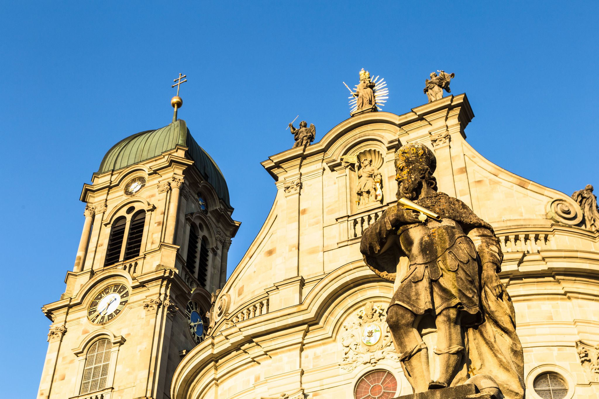 Photo of the bell tower of the Einsiedeln Abbey in Canton Schwyz in central Switzerland. This is one of the most important Catholic church and monastery in the country.