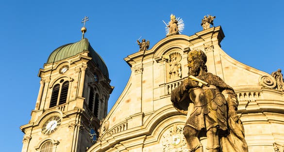 Photo of the bell tower of the Einsiedeln Abbey in Canton Schwyz in central Switzerland. This is one of the most important Catholic church and monastery in the country.