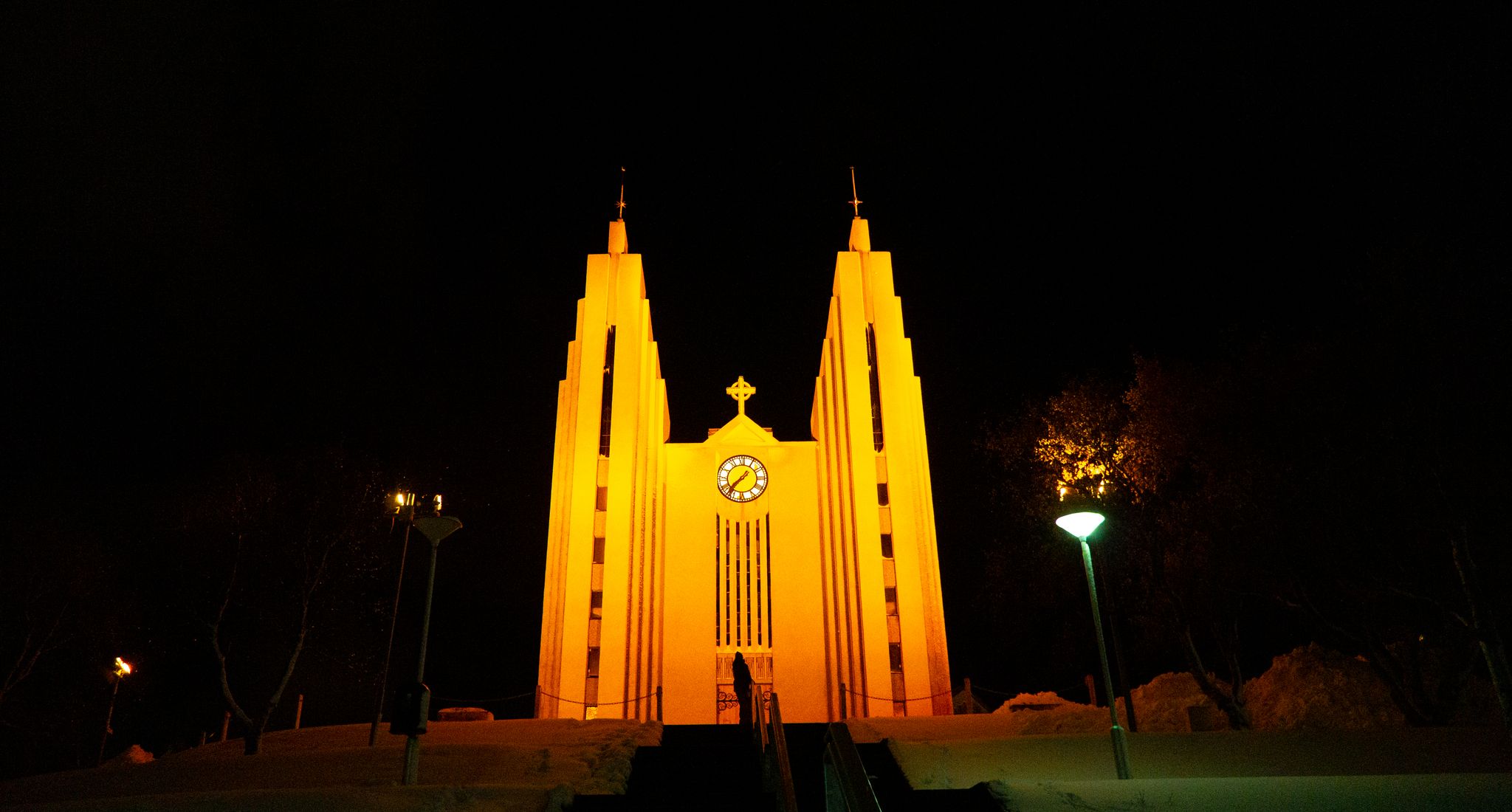 photo of view of Night shot of Akureyrarkirkja Church, Akureyri, Iceland.