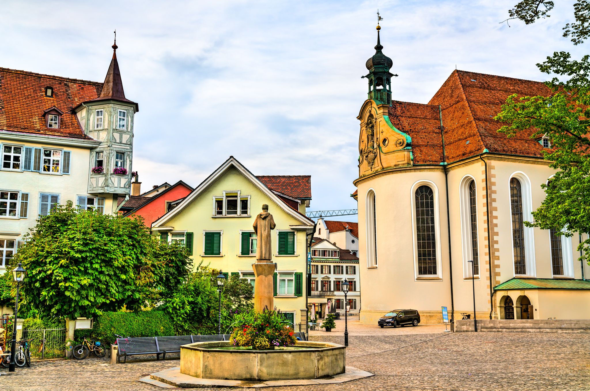 photto of view of Saint Gallus Fountain in Sankt Gallen, Switzerland.