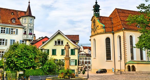 photto of view of Saint Gallus Fountain in Sankt Gallen, Switzerland.