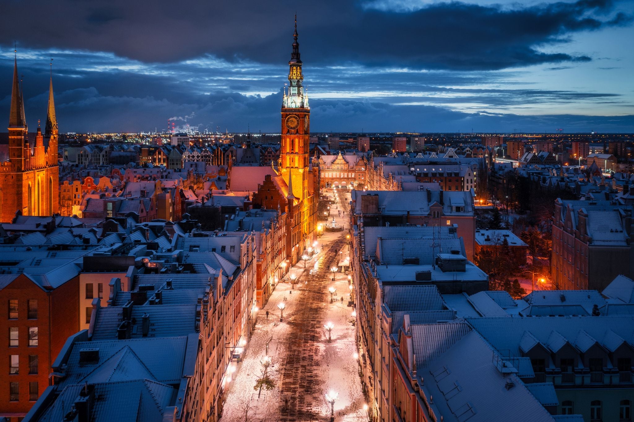 Aerial view of the beautiful main city in Gdansk at winter, Poland