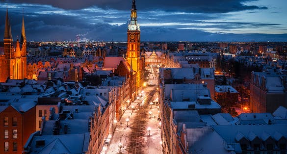 Aerial view of the beautiful main city in Gdansk at winter, Poland