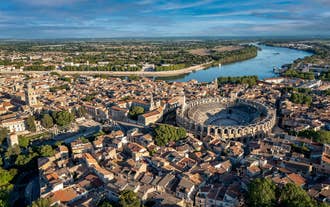 Photo of aerial view of Triumphal Arch or Arc de Triomphe in Montpellier city in France.
