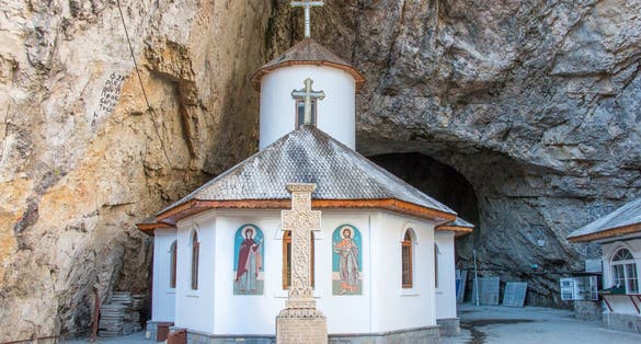 Photo of the church at the entrance of Ialomita cave in Bucegi mountains, Romania.