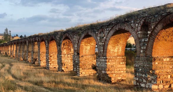 Roman aqueduct in Skopje, Macedonia dates from the time of the Roman Empire or Byzantium. in the time of Justinian I, from 527 - 554, and is also called the Justinian Aqueduct.