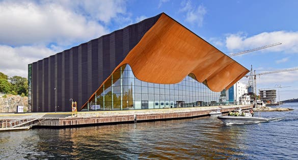 Exterior view of the Kilden Performing Arts Center, a theater and concert hall in Kristiansand, Norway.