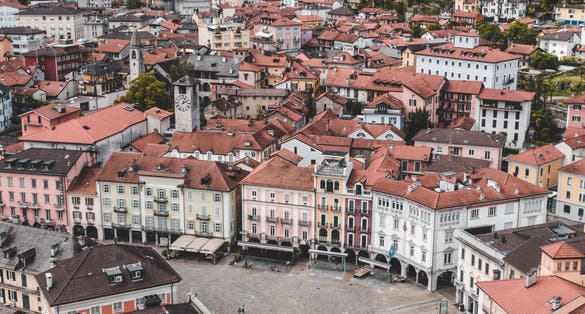 photo of aerial view over Piazza Grande in Locarno, Switzerland.