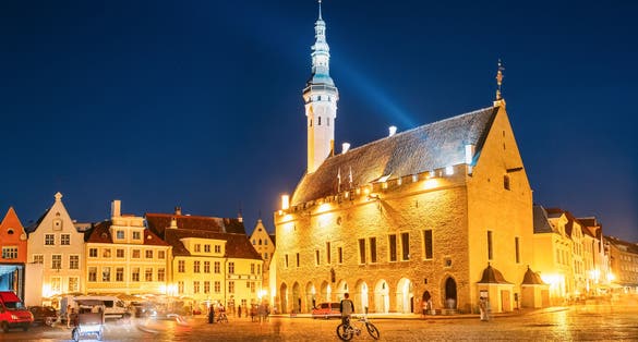 Photo of Tallinn Town Hall, famous Landmark In Evening, Estonia.