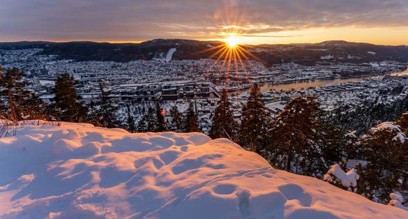 Sunset over Drammen, a town in Norway.