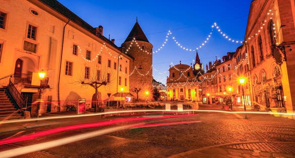 Photo of night view of Yverdon les Bains streets with his baroque style architecture, Switzerland.