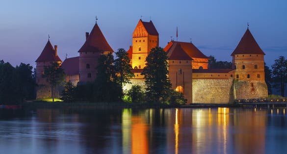 photo of trakai Island castle in night time. Trakai, lithuania, Eastern europe.