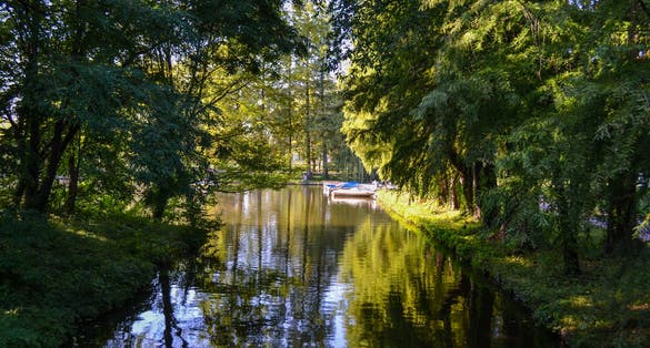 River lined with trees and boats in summer time, Pitesti, Romania